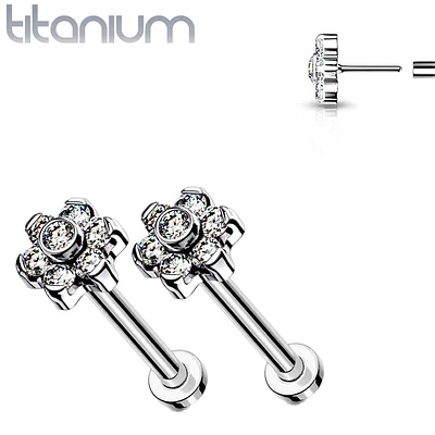 Pair of Implant Grade Titanium Threadless CZ Flower Earring Studs with Flat Back