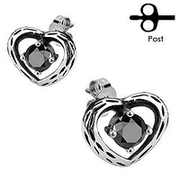 Pair of Stainless Steel Black CZ Heart Tribal Stud Earrings