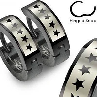 Pair of Stainless Steel Black PVD Star Print Earrings Hinged Hoops