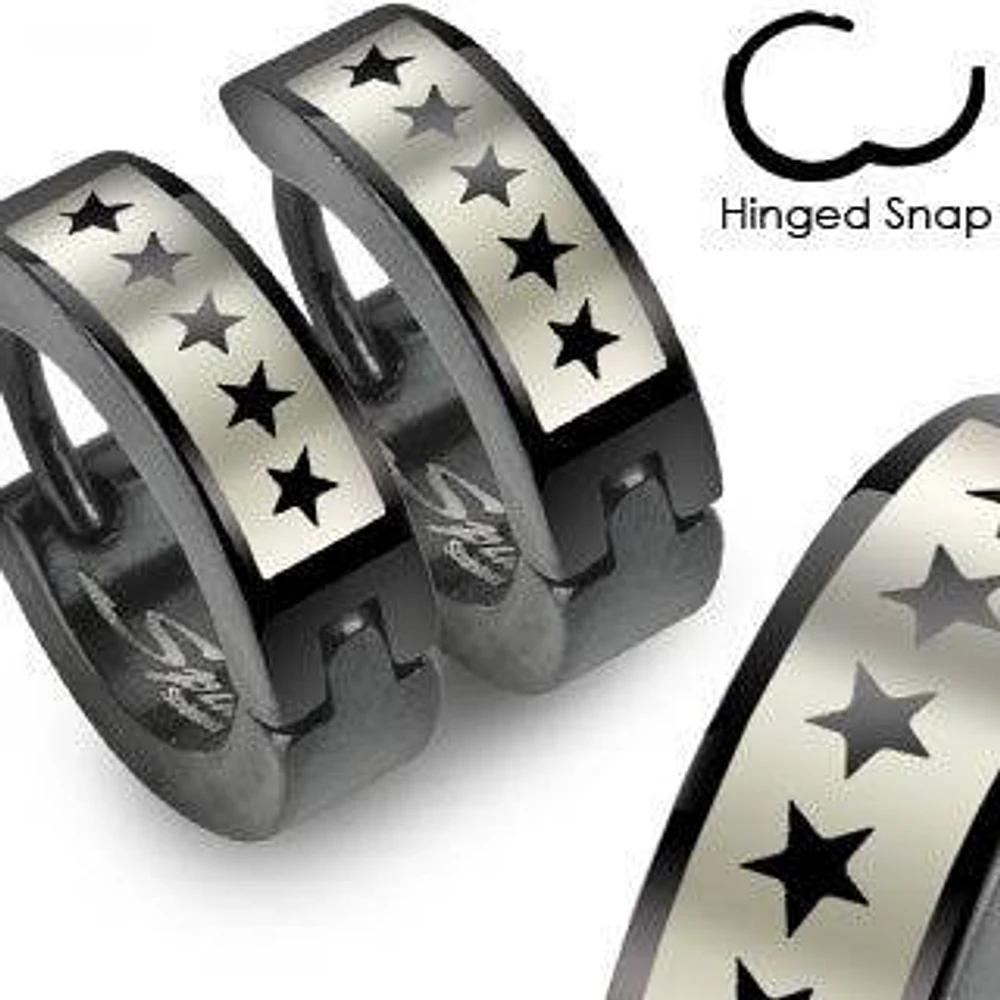 Pair of Stainless Steel Black PVD Star Print Earrings Hinged Hoops