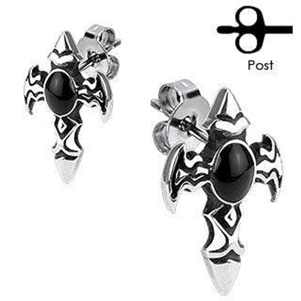 Pair of Stainless Steel Black Tribal CZ Gem Cross Crucifix Earrings Studs