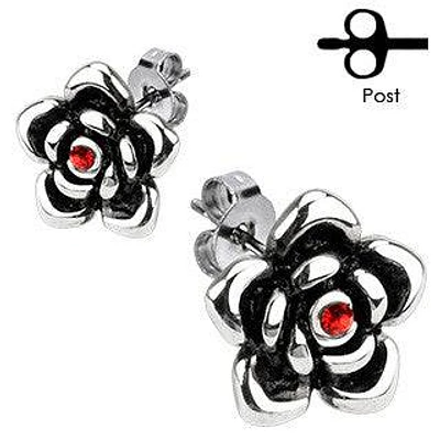 Pair of Stainless Steel Red CZ Flower Tribal Stud Earrings