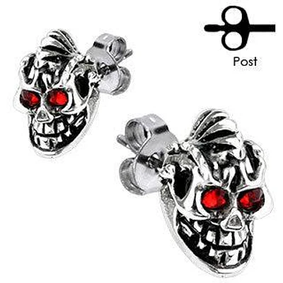 Pair of Stainless Steel Red CZ Gem Eyes Skull Earrings Studs