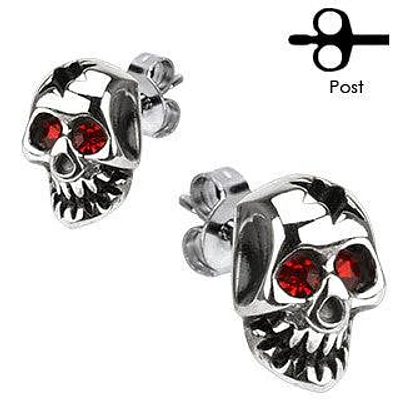 Pair of Stainless Steel Skull CZ Gem Earrings Studs
