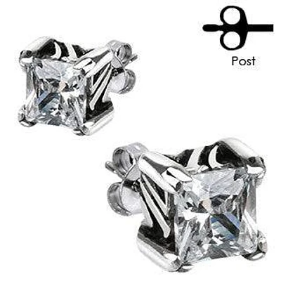 Pair of Stainless Steel Tribal Square CZ Gem Earrings Studs