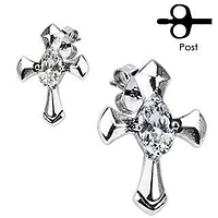 Pair of Stainless Steel White CZ Gem Cross Crucifix Earrings Studs