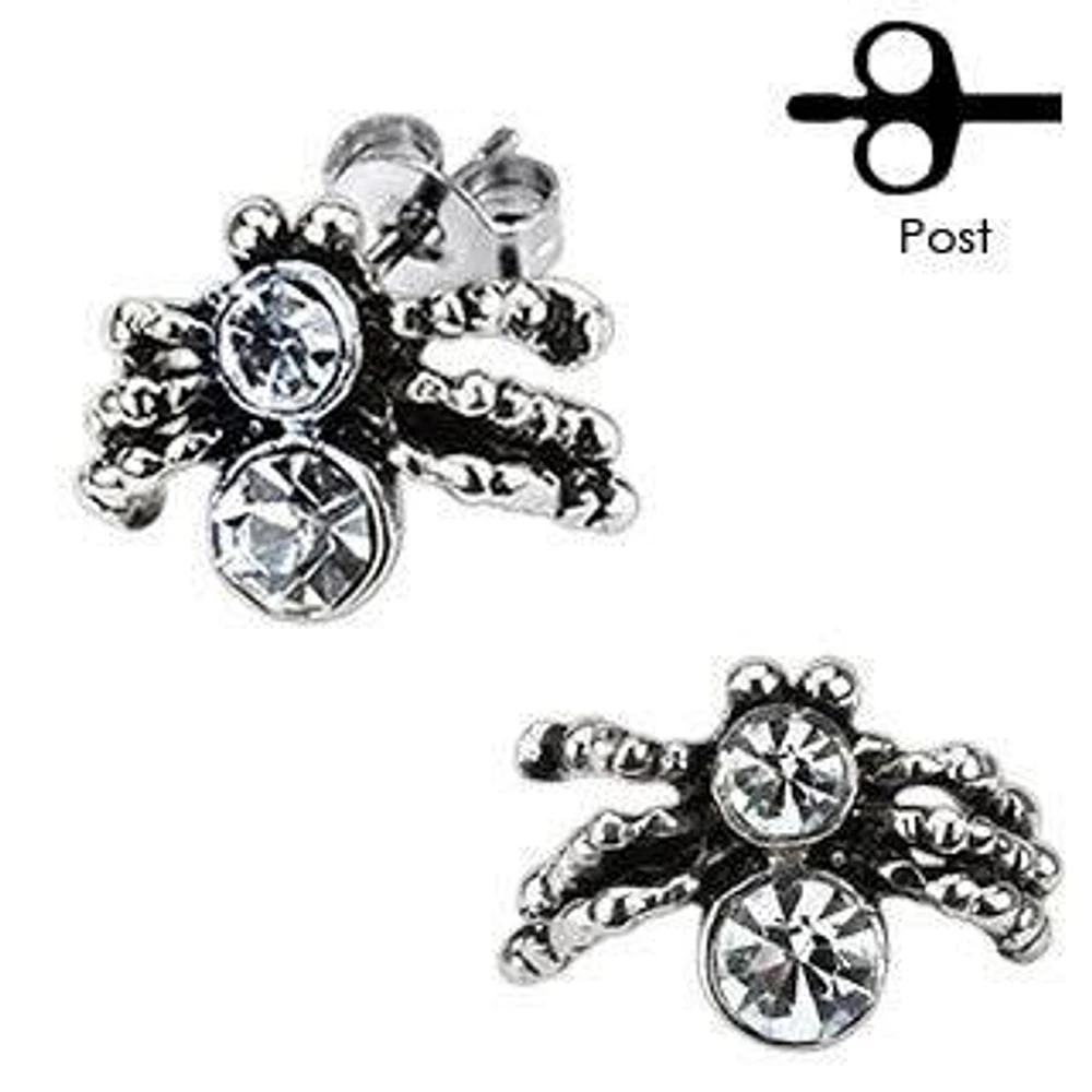 Pair of Stainless Steel White CZ Gem Spider Stud Earrings