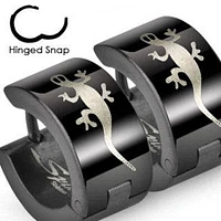 Pair of Surgical Steel Black Hoops with Gecko Lizard Hinged Snap Earrings