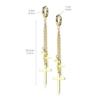 Pair Of Surgical Steel Black PVD Thin Hoop Earrings With Dangling Chains & Crosses