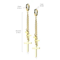 Pair Of Surgical Steel Gold PVD Thin Hoop Earrings With Dangling Chains & Crosses