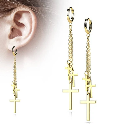 Pair Of Surgical Steel Gold PVD Thin Hoop Earrings With Dangling Chains & Crosses