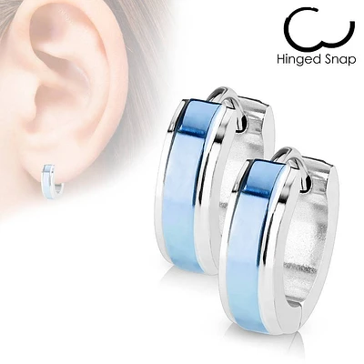 Pair of Surgical Steel Hoop Earrings with Blue Stripe Centre