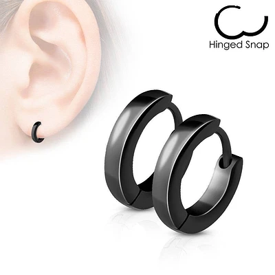 Pair of Thin Black Surgical Steel Rounded Hinged Hoop Earrings