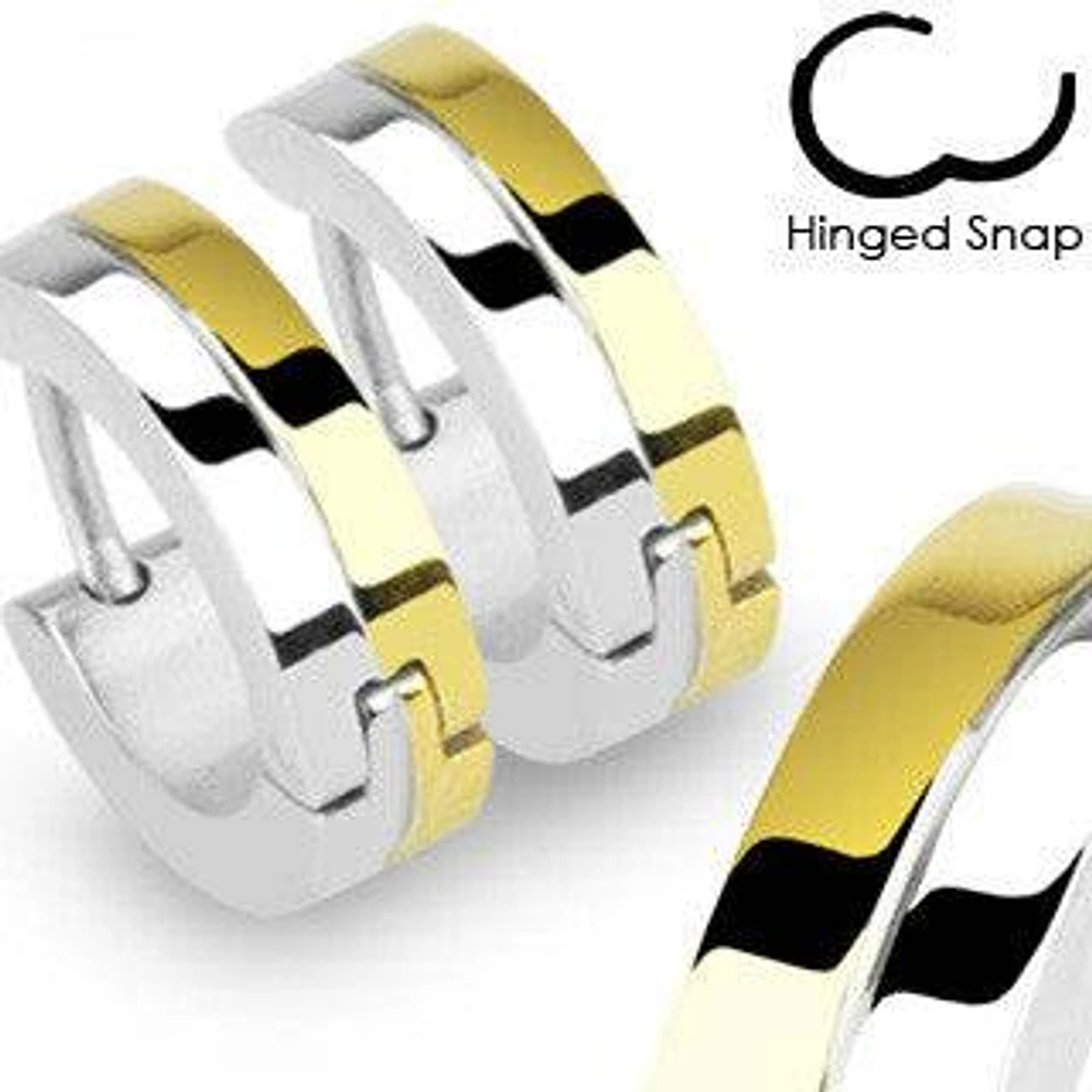 Pair of Two Tone Gold Plated Stainless Steel Hinged Snap On Hoop Earrings