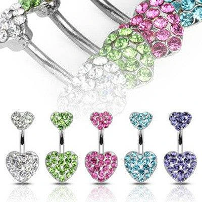 Paved Double Heart CZ Gemmed Belly Button Navel Ring