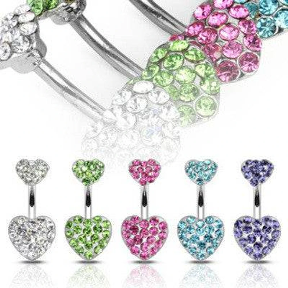 Paved Double Heart CZ Gemmed Belly Button Navel Ring