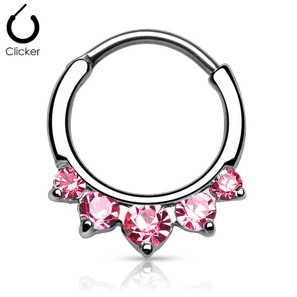 Pink 5 Prong Set CZ Round Septum Ring Curved 316L Surgical Steel Bar Clicker