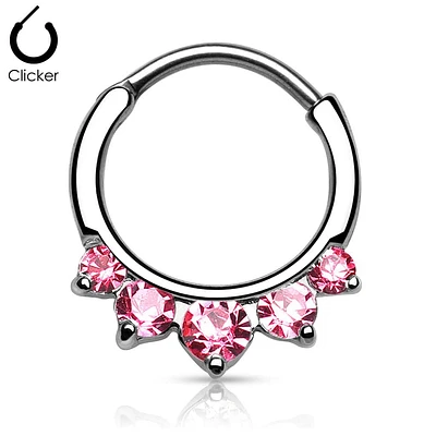 Pink 5 Prong Set CZ Round Septum Ring Curved 316L Surgical Steel Bar Clicker