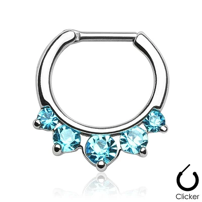 Prong Set 5 Gem Aqua CZ 316L Surgical Steel Bar Septum Ring Clicker