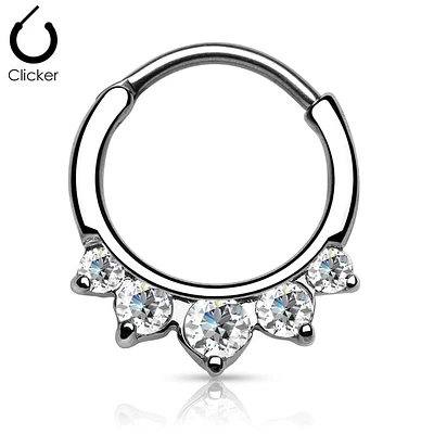 Prong Set 5 Gem White Clear CZ 316L Surgical Steel Bar Septum Ring Clicker