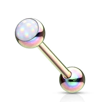 Rainbow Plated Surgical Steel White Gem Tongue Ring Straight Barbell