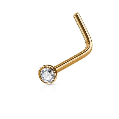 Rose Gold IP Surgical Steel L Shape White CZ Nose Stud