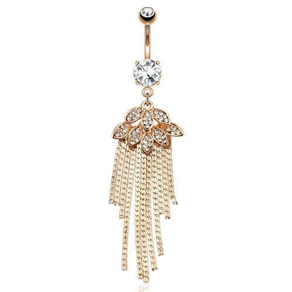 Rose Gold Plated Gem Leaves and Tassels Belly Button Navel Ring