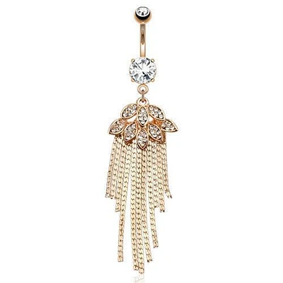 Rose Gold Plated Gem Leaves and Tassels Belly Button Navel Ring