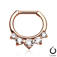 Rose Gold Plated Prong Set 5 Gem White Clear CZ 316L Surgical Steel Bar Septum Ring Clicker