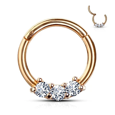 Rose Gold Plated Surgical Steel 3 Gem White CZ Hinged Septum Ring Clicker