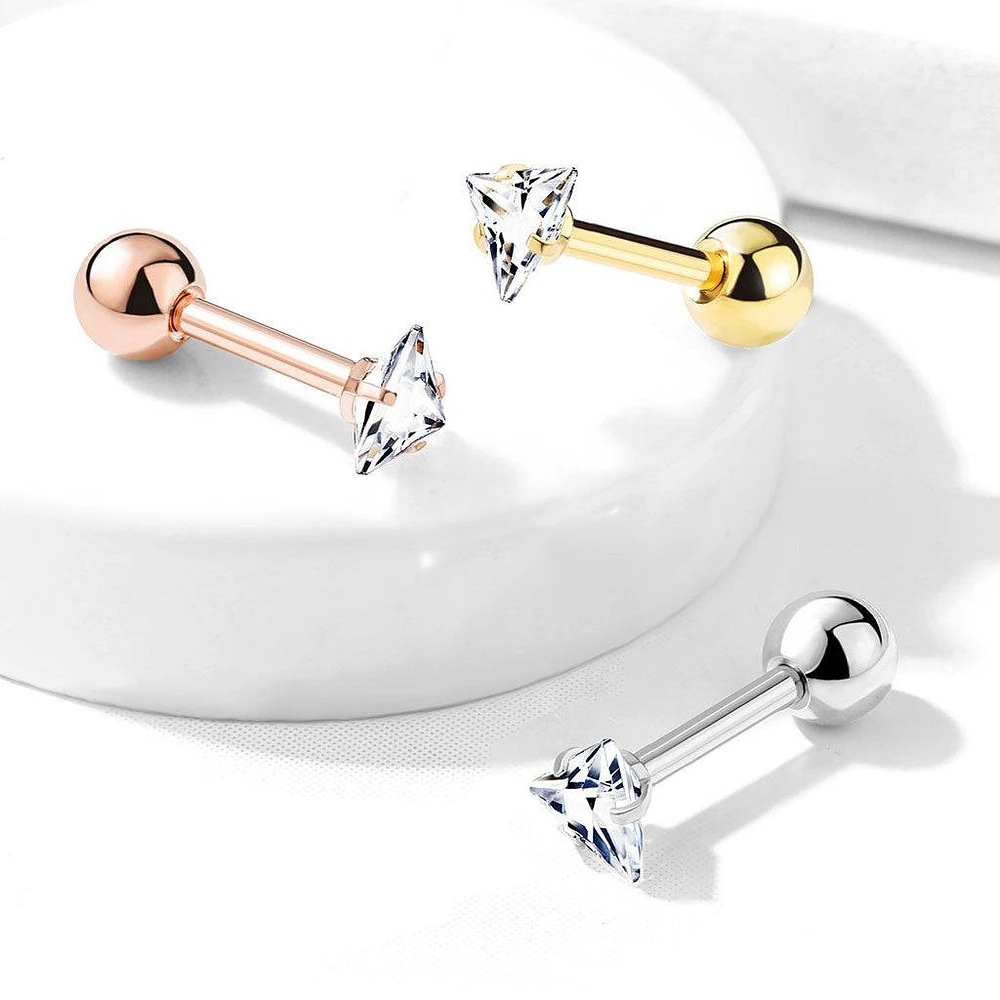 Rose Gold Plated Surgical Steel Ball Back Prong White Triangle CZ Cartilage Ring Stud