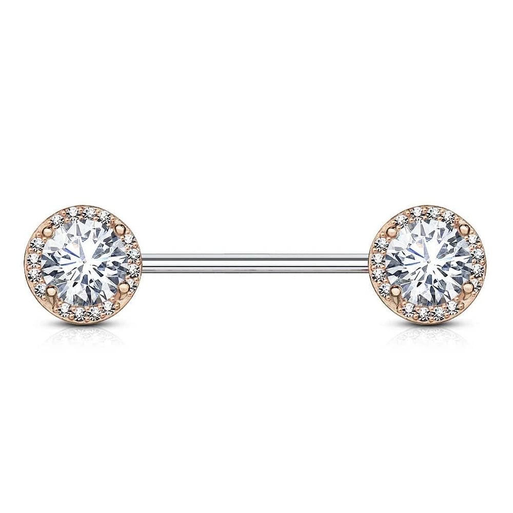 Rose Gold Plated Surgical Steel CZ Centre Pave Nipple Ring Barbell