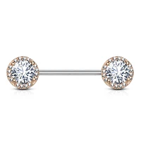 Rose Gold Plated Surgical Steel CZ Centre Pave Nipple Ring Barbell