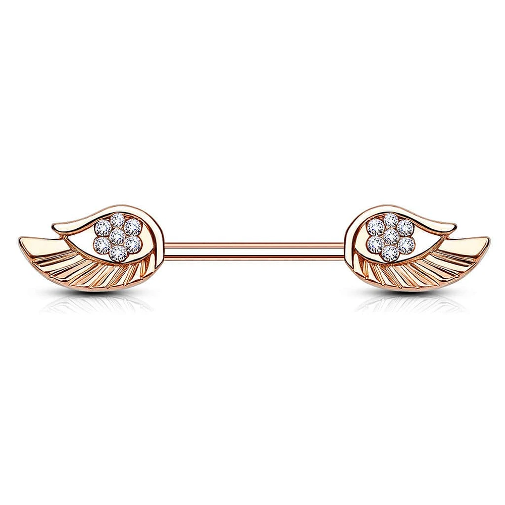 Rose Gold Plated Surgical Steel CZ Paved Angel Wing Nipple Ring