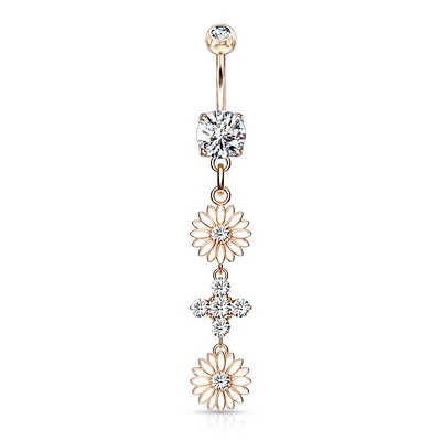 Rose Gold Plated Surgical Steel Double CZ Flower Dangling Belly Button Ring