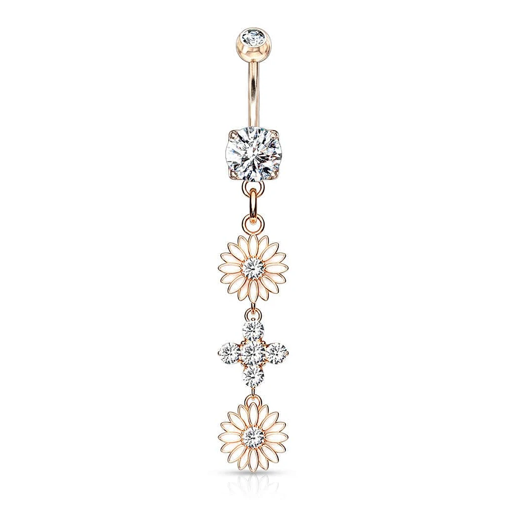 Rose Gold Plated Surgical Steel Double CZ Flower Dangling Belly Button Ring