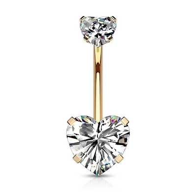 Rose Gold Plated Surgical Steel Double Heart White CZ Gem Belly Button Ring