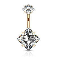 Rose Gold Plated Surgical Steel Double Square White CZ Gem Belly Button Ring