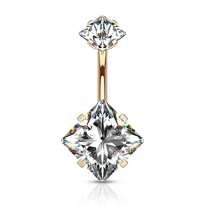 Rose Gold Plated Surgical Steel Double Square White CZ Gem Belly Button Ring