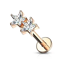 Rose Gold Plated Surgical Steel Double Star White CZ Internally Threaded Flat Back Labret