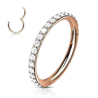 Rose Gold Plated Surgical Steel Easy Hinged CZ Pave Clicker Hoop