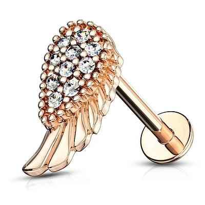 Rose Gold Plated Surgical Steel Internally Threaded Flat Back White CZ Wing Labret