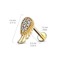 Rose Gold Plated Surgical Steel Internally Threaded Flat Back White CZ Wing Labret