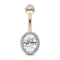 Rose Gold Plated Surgical Steel Oval Pave White CZ Belly Ring