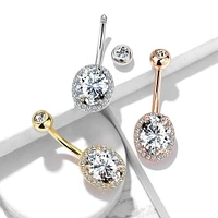 Rose Gold Plated Surgical Steel Oval Pave White CZ Belly Ring