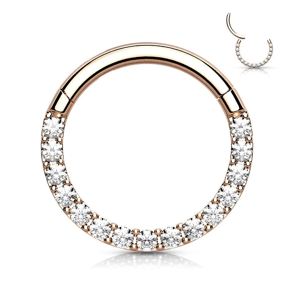 Rose Gold Plated Surgical Steel Paved CZ Hinged Septum Ring Clicker