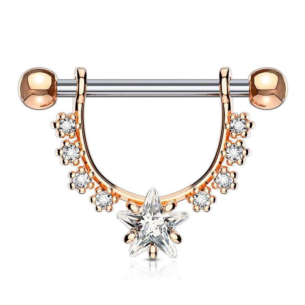 Rose Gold Plated Surgical Steel Star Dangle White CZ Nipple Ring Barbell