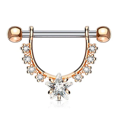 Rose Gold Plated Surgical Steel Star Dangle White CZ Nipple Ring Barbell