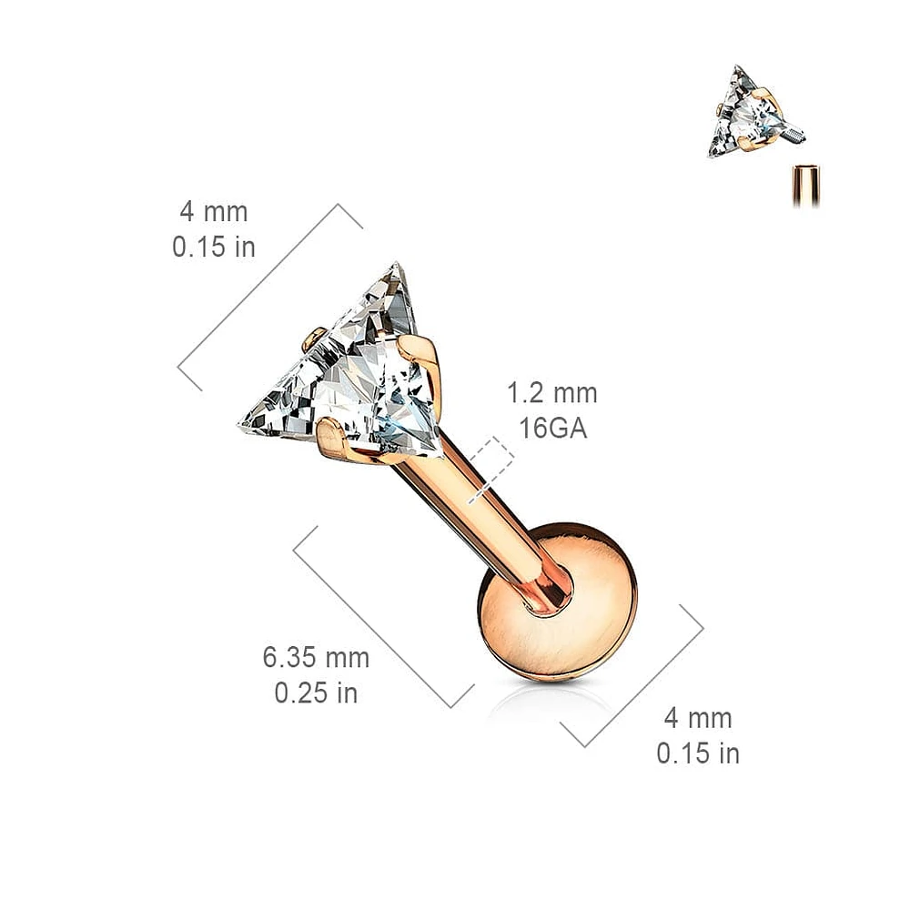 Rose Gold Plated Surgical Steel Triangle White CZ Internally Threaded Labret