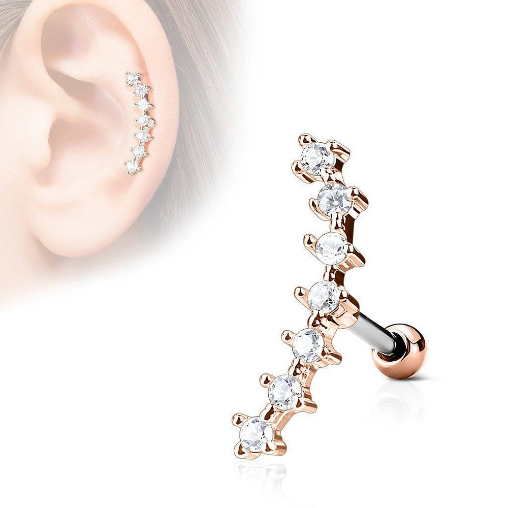Rose Gold Plated Surgical Steel White Curved CZ Helix Barbell